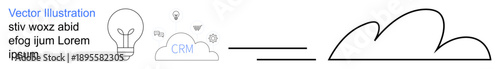 Cloud computing, innovation, CRM systems, data visualization, brainstorming, future technology. Light bulb, cloud shapes CRM text ideas and modern technology. Cloud computing and innovation concept