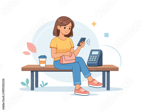Woman sitting on bench using smartphone for contactless payment, flat vector illustration