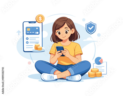 Girl using smartphone for online banking and finance, flat vector illustration