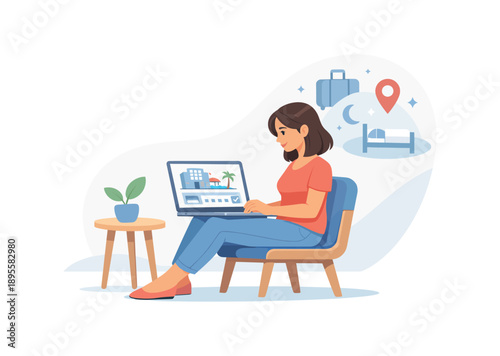 Woman planning vacation online with laptop, flat vector illustration