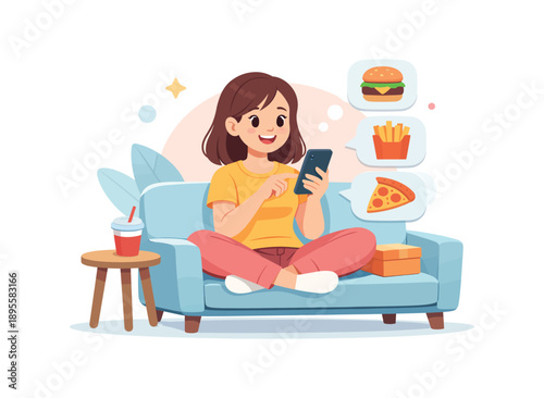 Girl on sofa ordering fast food via smartphone, flat vector illustration