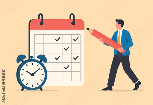 Schedule planning and time management, organize meeting and appointment, event reminder or business schedule concept, businessman holding pencil planning work schedule on calendar and alarm clock.