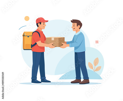 Courier delivering package to recipient in urban setting, flat vector illustration