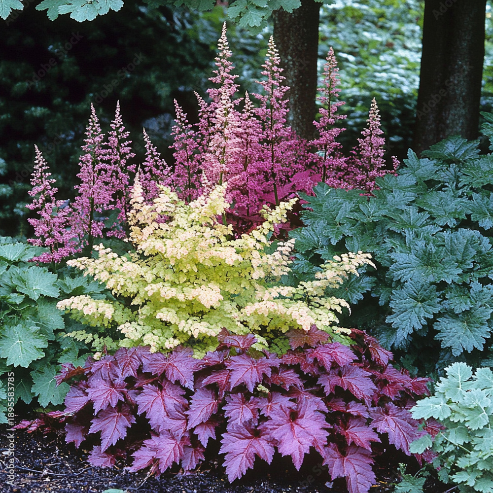 Obraz premium Heuchera and Astilbe plants display vibrant colors lush garden setting, creating beautiful contrast with their foliage. combination of pink, yellow, and deep red hues adds visual interest to