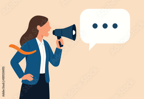 Speak out, voice or message to communicate, dialogue or debate conversation, talk or shout message, advice or announcement concept, businesswoman talk on megaphone with speech bubble voice message