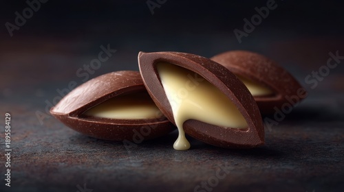 Creamy chocolate confection with smooth filling on rustic surface showcasing rich textures and gourmet appeal for dessert enthusiasts and food lovers.