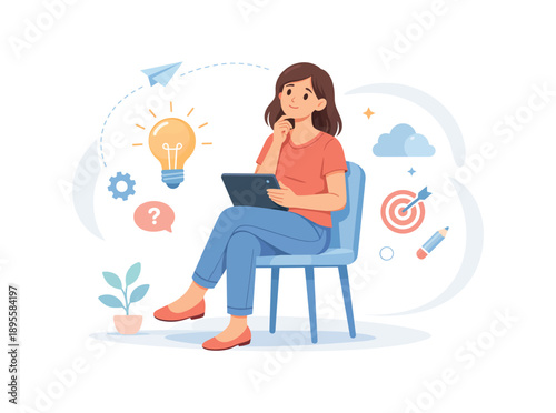 Thoughtful woman sitting with tablet and light bulb icon, flat vector illustration