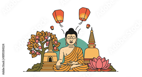 Buddha Sitting Meditation Peaceful Scene Illustration.