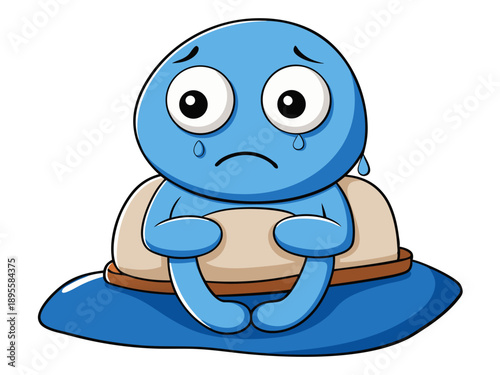 A cartoon character sitting sadly on a couch, looking worried and concerned, with a frowning face and sweaty hands