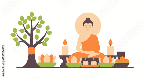 Buddha Statue Meditating Under Tree.