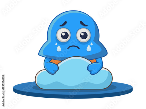 A melancholy blue character sits on a cloud, surrounded by water, with a sorrowful expression from a frontal viewpoint.