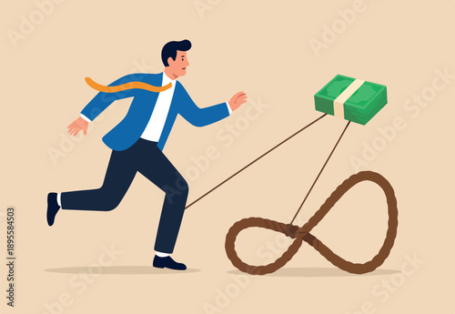  Money trap to trick greed people, danger fraud or threat to attack victim, financial or investment problem concept, greed businessman try to step into tricky rope trap to get money banknotes bundle