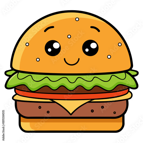 A cartoon burger with lettuce, tomato, and cheese on a bun, front view illustration of fast food