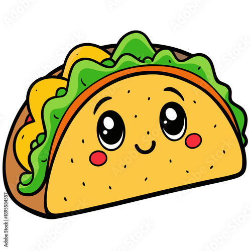 A vibrant cartoon taco with a smiling face and green lettuce, viewed from the side, showcasing its yellow shell and red cheeks