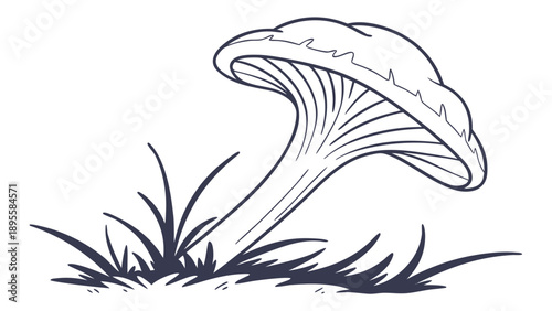 A simple illustration of a mushroom growing among grass from a side view.
