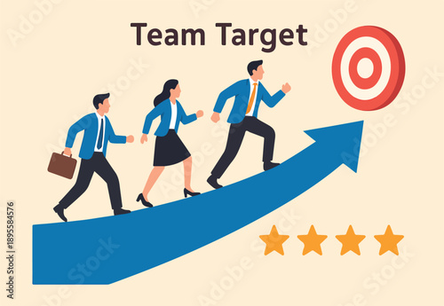  Team target or achievement, teamwork or leadership to lead to achieve goal, business direction or success, career path or growth concept, business people coworkers walking up arrow to reach target