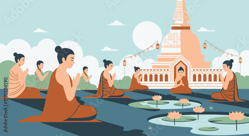 Buddhist Monks Meditating Near Temple Pond.