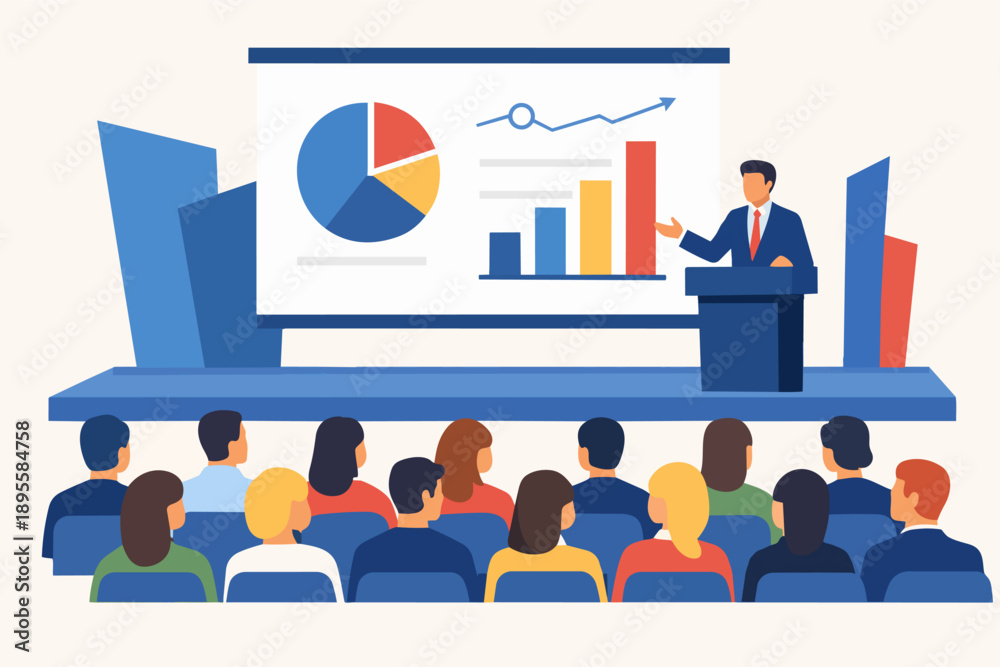 Obraz premium Speaker presenting business data, charts, and graphs to an audience at a seminar