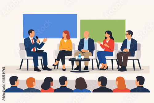 Experts discussing at a business conference or panel meeting in front of an audience