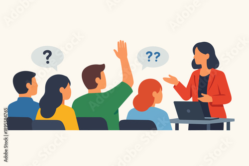 People attending a seminar, raising hands to ask questions, listening to the speaker