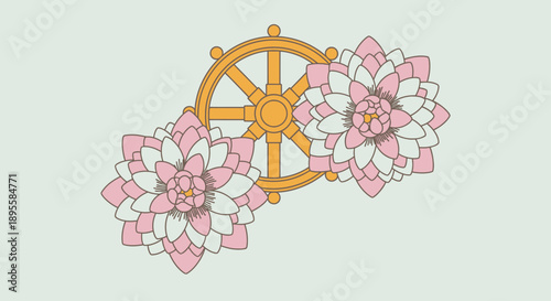 Colorful Dharma Wheel with Pink Petals.