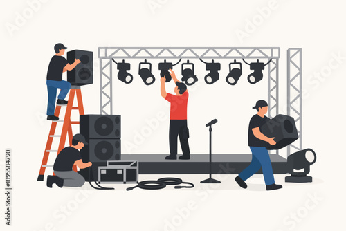 Production crew setting up stage for an event with lighting, sound, and equipment