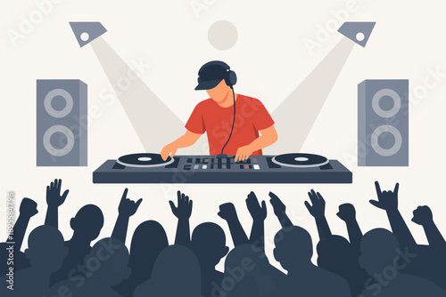 Dj performing music set on turntables for cheering crowd at a party