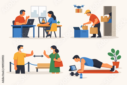 Adapting to new normal concept, people social distancing, working remotely, drone delivery