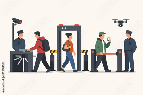 Security checkpoint with people passing through metal detector and turnstile