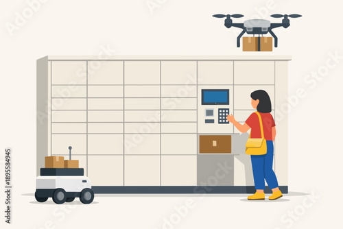 Customer using automated locker for parcel pickup with drone and robot delivery