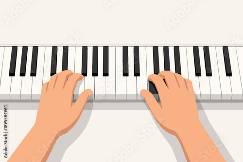 Hands playing piano keyboard keys, learning music, practicing instrument skills