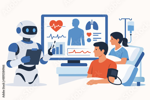 Ai robot providing healthcare assistance to patients, monitoring health data on a screen