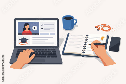 Hands using a laptop for an e-learning webinar and writing ideas in a notebook