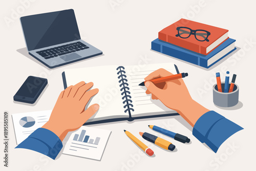 Person writing notes in planner, desk workspace with laptop and business documents