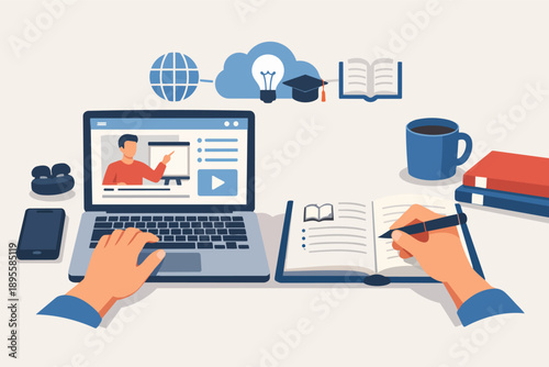 Person studying online, learning with laptop and taking notes during remote lecture