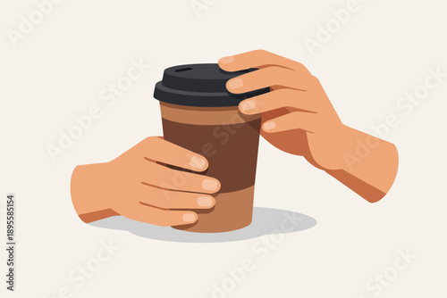 Hands holding a disposable coffee cup with sleeve, enjoying a warm takeaway drink