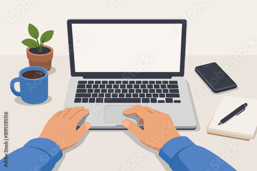 Remote working concept with hands using laptop at home office desk