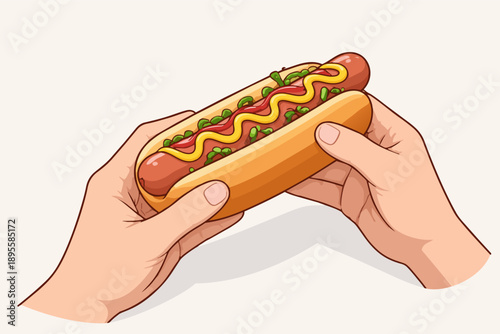 Hands holding a hot dog with mustard, ketchup, and relish topping