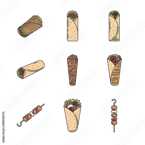 Doner Kebab, Shawarma, Gyro, and Skewers Icons Set: Street Food Vector Illustration