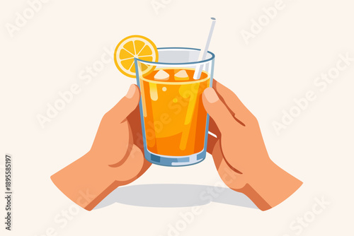 Hands holding glass of fresh orange juice with ice, straw, and lemon for refreshment