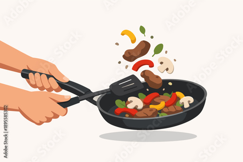 Chef hands cooking fresh ingredients in a frying pan, creating a delicious and healthy meal