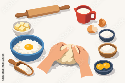 Hands kneading dough for baking with flour, eggs, milk, and butter ingredients