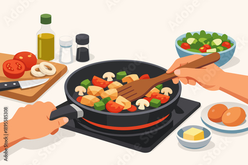 Preparing healthy meal with fresh vegetables in a pan on a stove