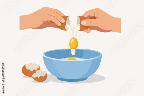 Hands cracking an egg, separating yolk and white into a blue bowl, cooking ingredient