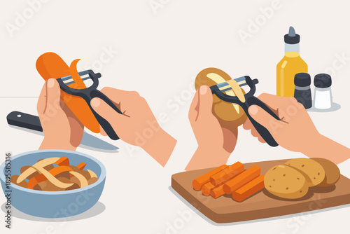 Preparing fresh vegetables, peeling carrots and potatoes for a healthy meal