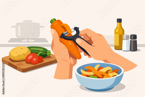 Hands peeling preparing vegetables for healthy meal in a home kitchen
