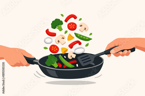 Hands cooking fresh vegetables in a frying pan, preparing healthy stir fry meal