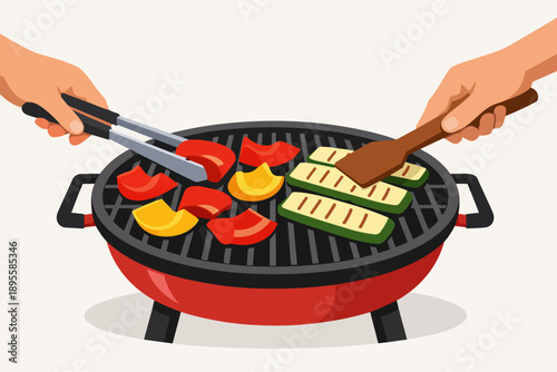 Hands grilling vegetables on barbecue grill. Preparing healthy outdoor meal