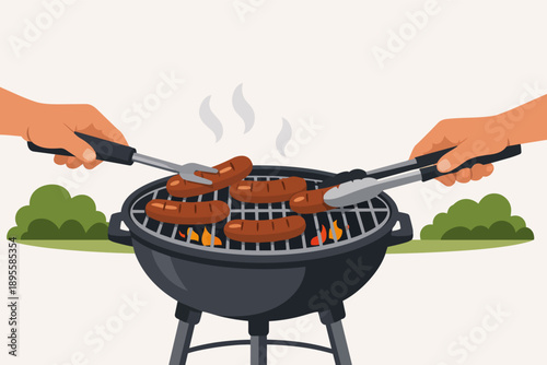 Celebrating summer outdoor barbecue with friends grilling sausages on a charcoal grill