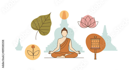 Meditating Monk in Lotus Position with Symbols.